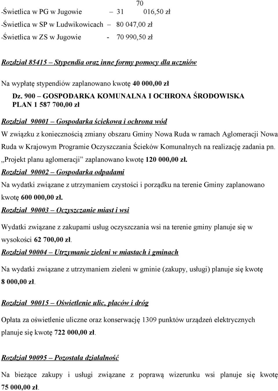 900 GOSPODARKA KOMUNALNA I OCHRONA ŚRODOWISKA PLAN 1 587 700,00 zł Rozdział 90001 Gospodarka ściekowa i ochrona wód W związku z koniecznością zmiany obszaru Gminy Nowa Ruda w ramach Aglomeracji Nowa