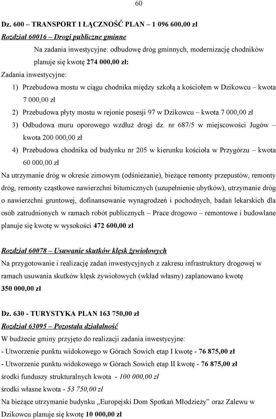 inwestycyjne: 1) Przebudowa mostu w ciągu chodnika między szkołą a kościołem w Dzikowcu kwota 7 000,00 zł 2) Przebudowa płyty mostu w rejonie posesji 97 w Dzikowcu kwota 7 000,00 zł 3) Odbudowa muru