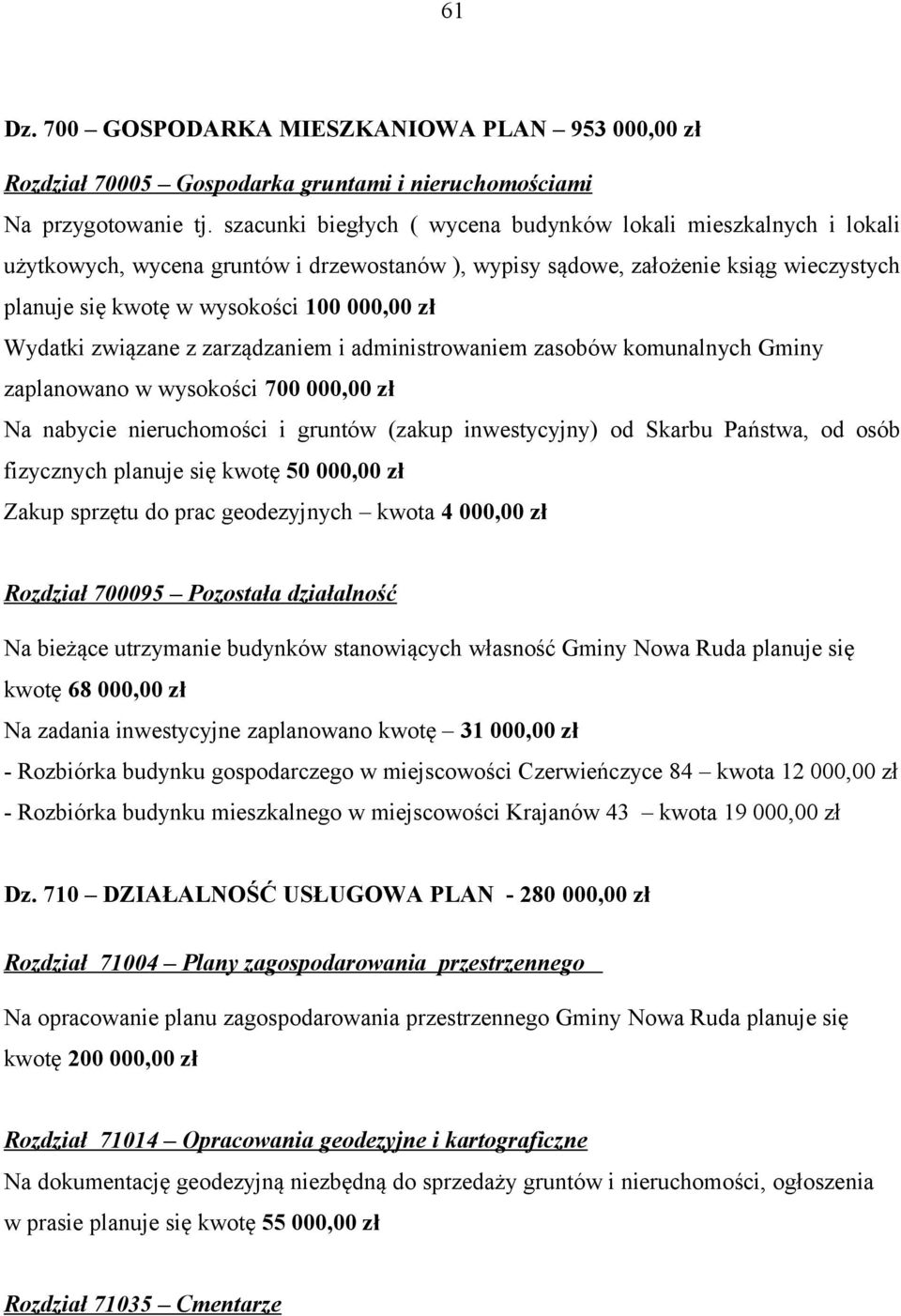 Wydatki związane z zarządzaniem i administrowaniem zasobów komunalnych Gminy zaplanowano w wysokości 700 000,00 zł Na nabycie nieruchomości i gruntów (zakup inwestycyjny) od Skarbu Państwa, od osób