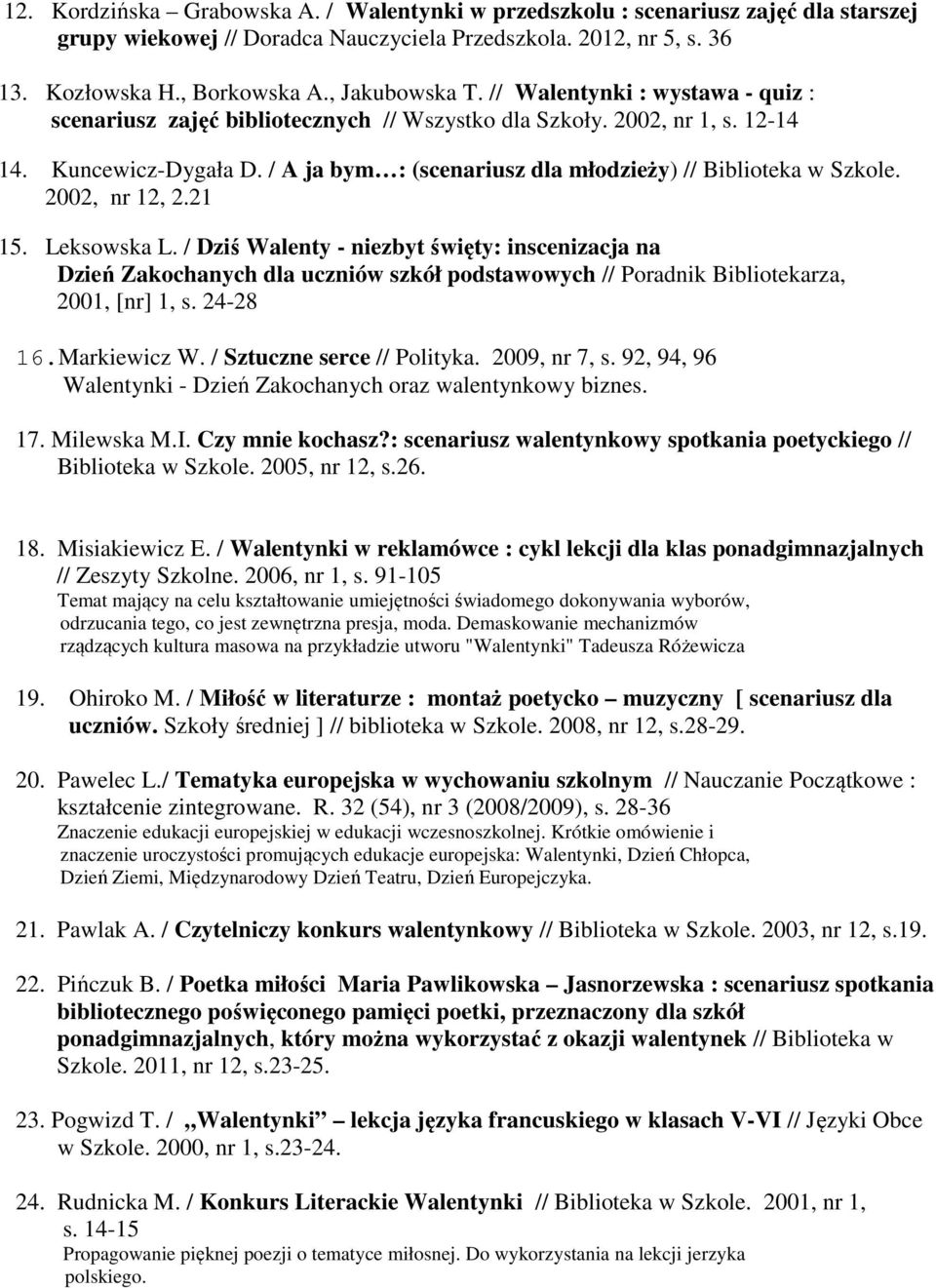 / A ja bym : (scenariusz dla młodzieży) // Biblioteka w Szkole. 2002, nr 12, 2.21 15. Leksowska L.