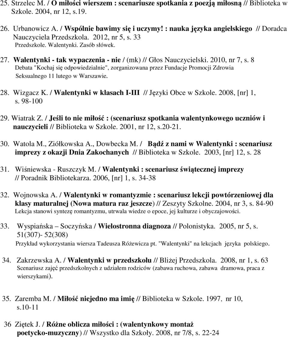 2010, nr 7, s. 8 Debata "Kochaj się odpowiedzialnie", zorganizowana przez Fundacje Promocji Zdrowia Seksualnego 11 lutego w Warszawie. 28. Wizgacz K.