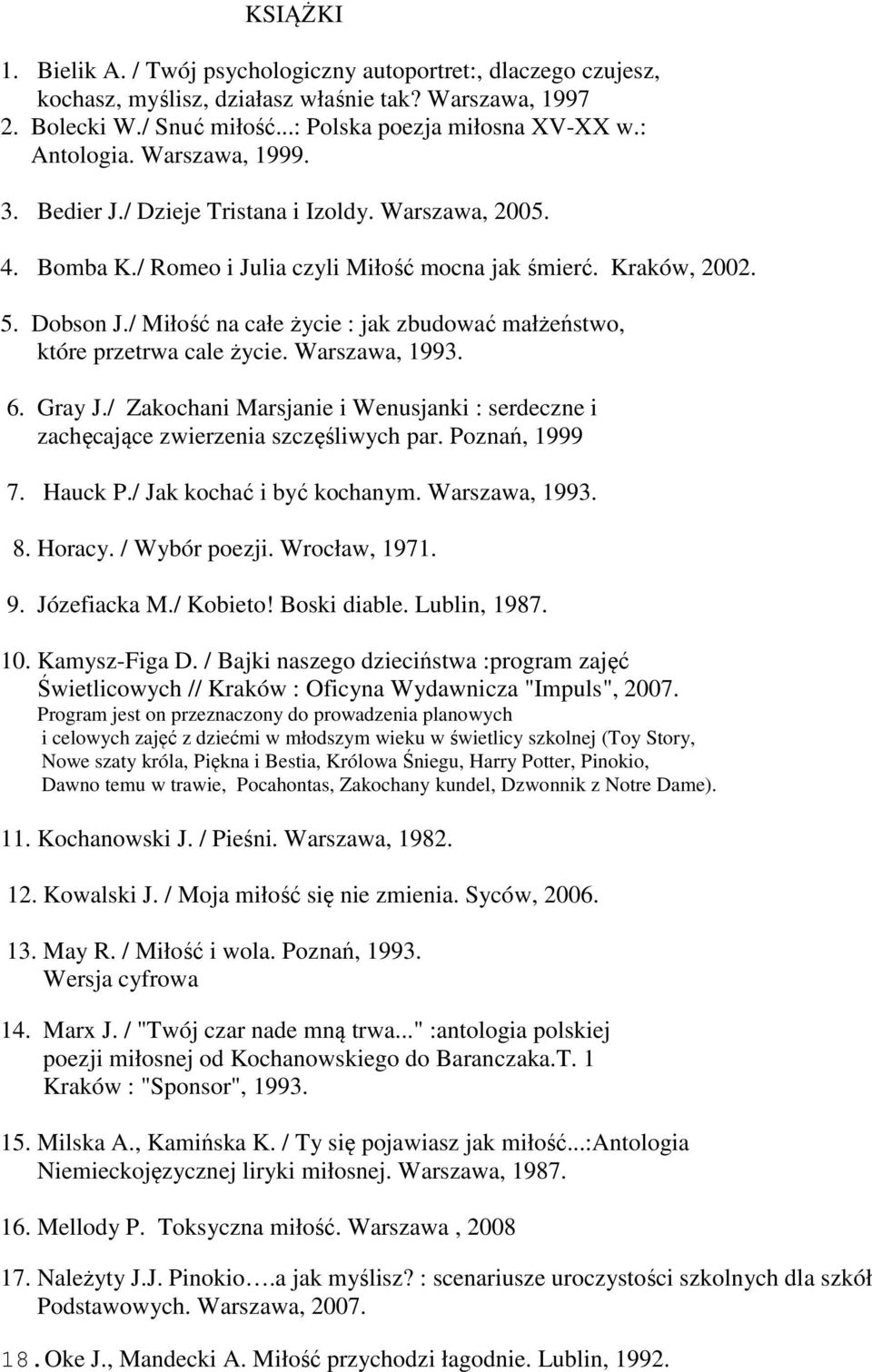 / Miłość na całe życie : jak zbudować małżeństwo, które przetrwa cale życie. Warszawa, 1993. 6. Gray J./ Zakochani Marsjanie i Wenusjanki : serdeczne i zachęcające zwierzenia szczęśliwych par.