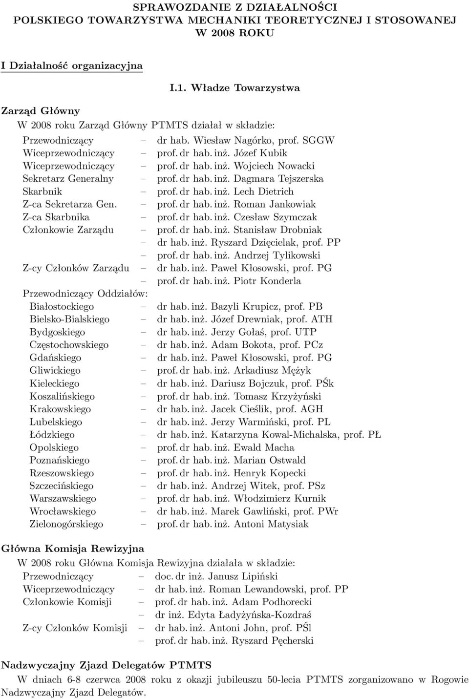 Józef Kubik Wiceprzewodniczący prof. dr hab. inż. Wojciech Nowacki Sekretarz Generalny prof. dr hab. inż. Dagmara Tejszerska Skarbnik prof. dr hab. inż. Lech Dietrich Z-ca Sekretarza Gen. prof. dr hab. inż. Roman Jankowiak Z-ca Skarbnika prof.