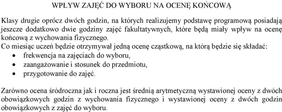 Co miesiąc uczeń będzie otrzymywał jedną ocenę cząstkową, na którą będzie się składać: frekwencja na zajęciach do wyboru, zaangażowanie i stosunek do