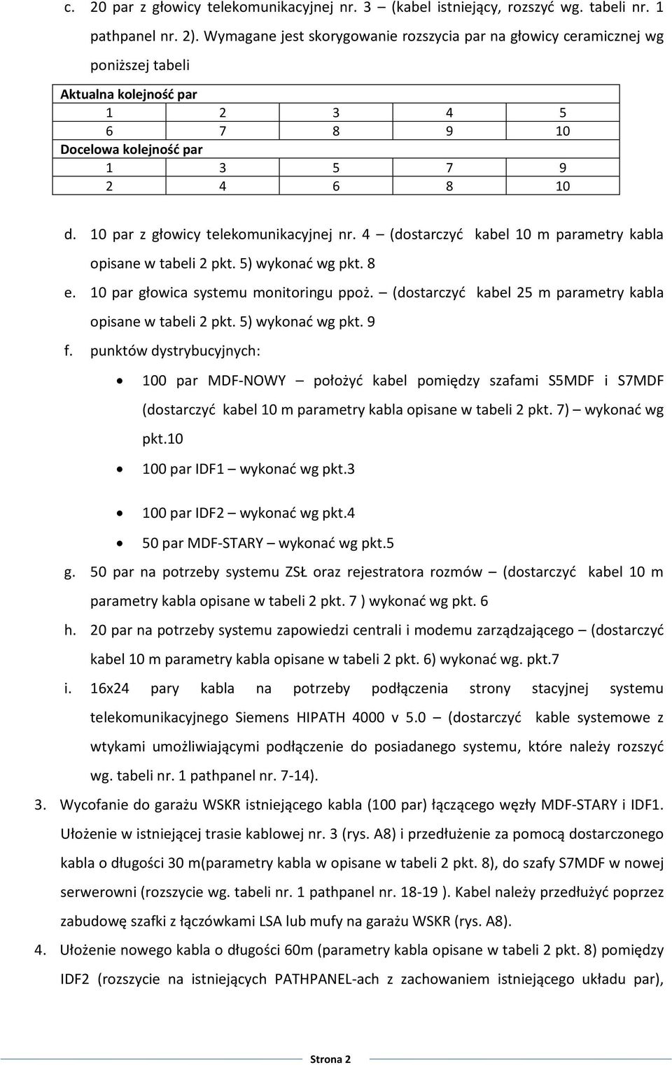 10 par z głowicy telekomunikacyjnej nr. 4 (dostarczyć kabel 10 m parametry kabla opisane w tabeli 2 pkt. 5) wykonać wg pkt. 8 e. 10 par głowica systemu monitoringu ppoż.