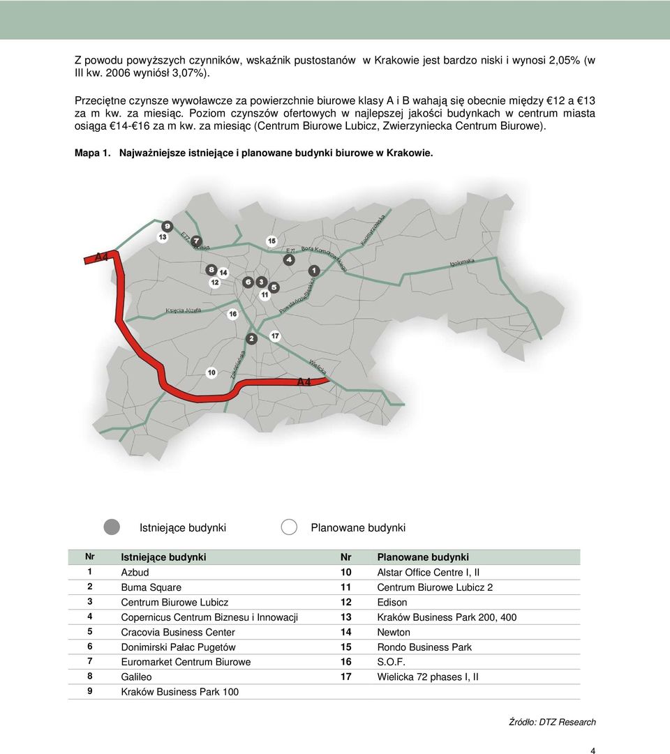 Poziom czynszów ofertowych w najlepszej jakości budynkach w centrum miasta osiąga 14-16 za m kw. za miesiąc (Centrum Biurowe Lubicz, Zwierzyniecka Centrum Biurowe). Mapa 1.