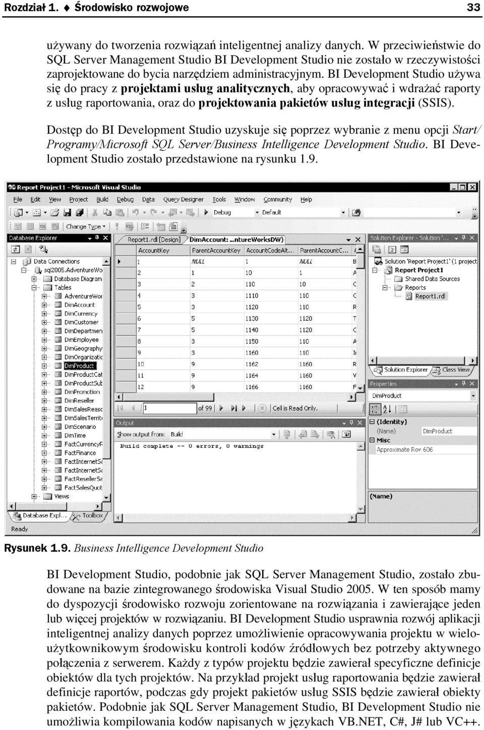 BI Development Studio używa się do pracy z projektami usług analitycznych, aby opracowywać i wdrażać raporty z usług raportowania, oraz do projektowania pakietów usług integracji (SSIS).