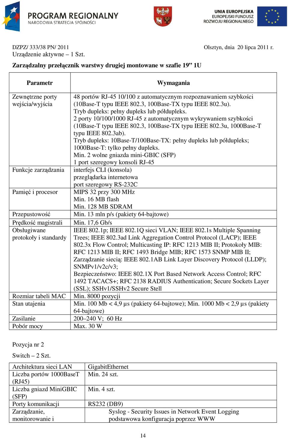 protokoły i standardy Rozmiar tabeli MAC Stan utajenia Zasilanie Pobór mocy Wymagania 48 portów RJ-45 10/100 z automatycznym rozpoznawaniem szybkości (10Base-T typu IEEE 802.