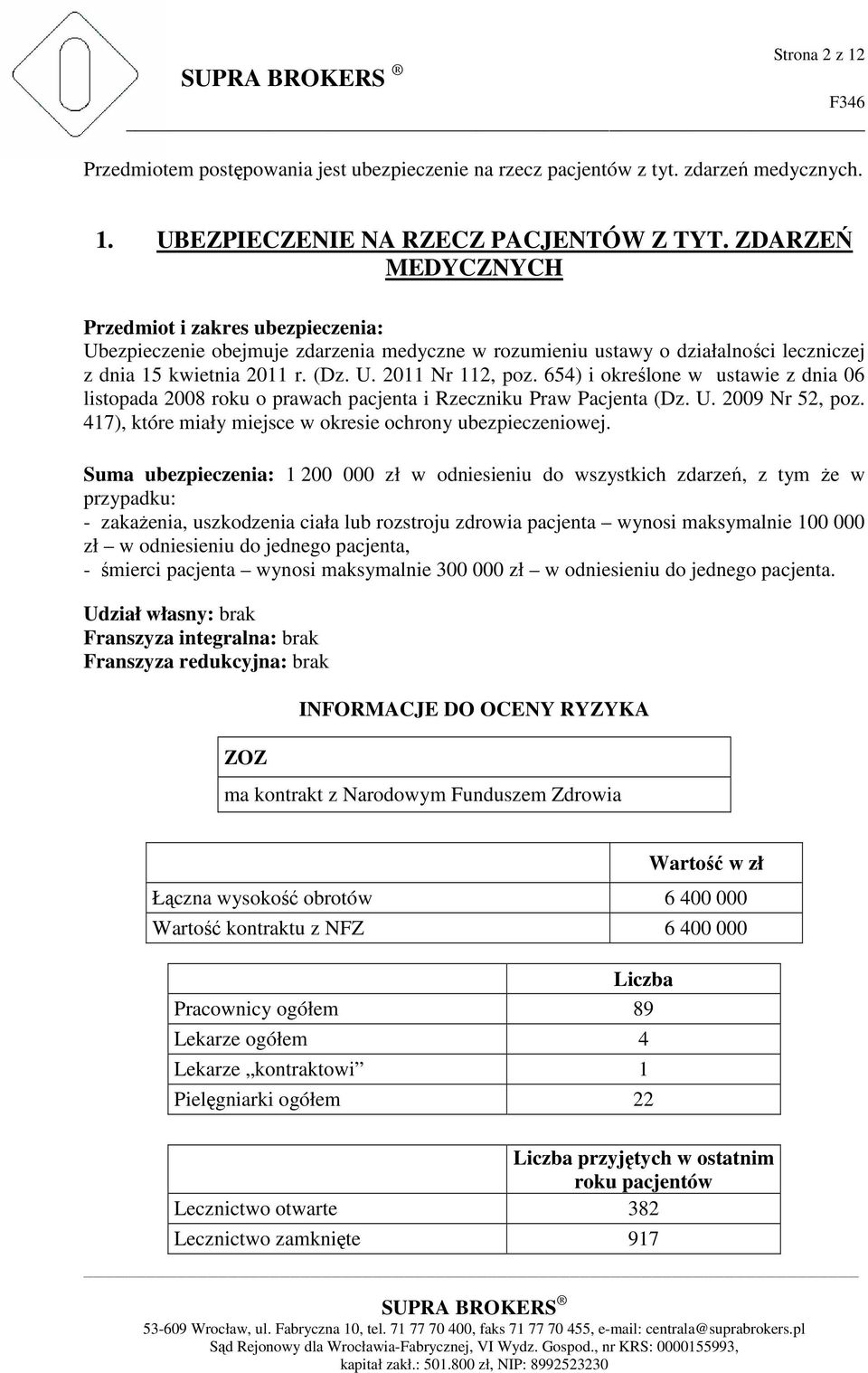 654) i określone w ustawie z dnia 06 listopada 2008 roku o prawach pacjenta i Rzeczniku Praw Pacjenta (Dz. U. 2009 Nr 52, poz. 417), które miały miejsce w okresie ochrony ubezpieczeniowej.