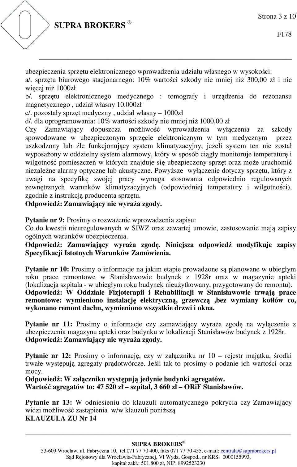 sprzętu elektronicznego medycznego : tomografy i urządzenia do rezonansu magnetycznego, udział własny 10.000zł c/. pozostały sprzęt medyczny, udział własny 1000zł d/.