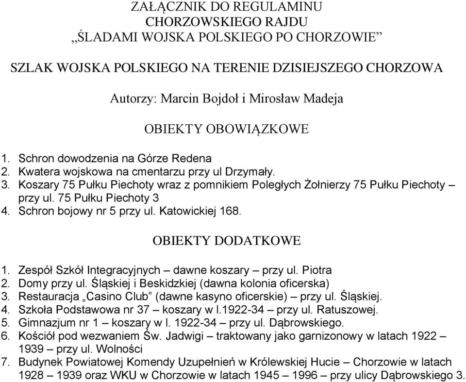 75 Pułku Piechoty 3 4. Schron bojowy nr 5 przy ul. Katowickiej 168. OBIEKTY DODATKOWE 1. Zespół Szkół Integracyjnych dawne koszary przy ul. Piotra 2. Domy przy ul.