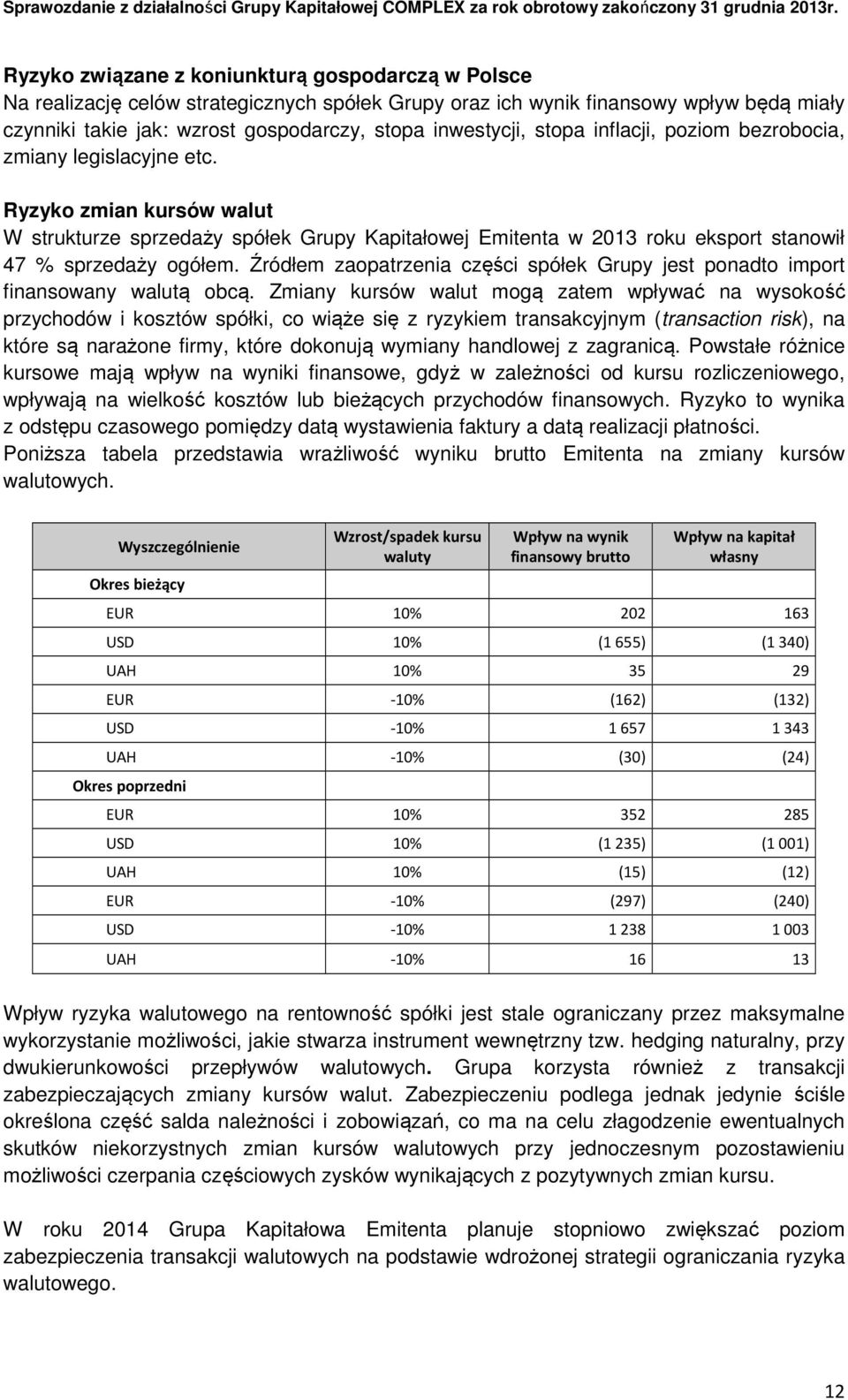 Źródłem zaopatrzenia części spółek Grupy jest ponadto import finansowany walutą obcą.