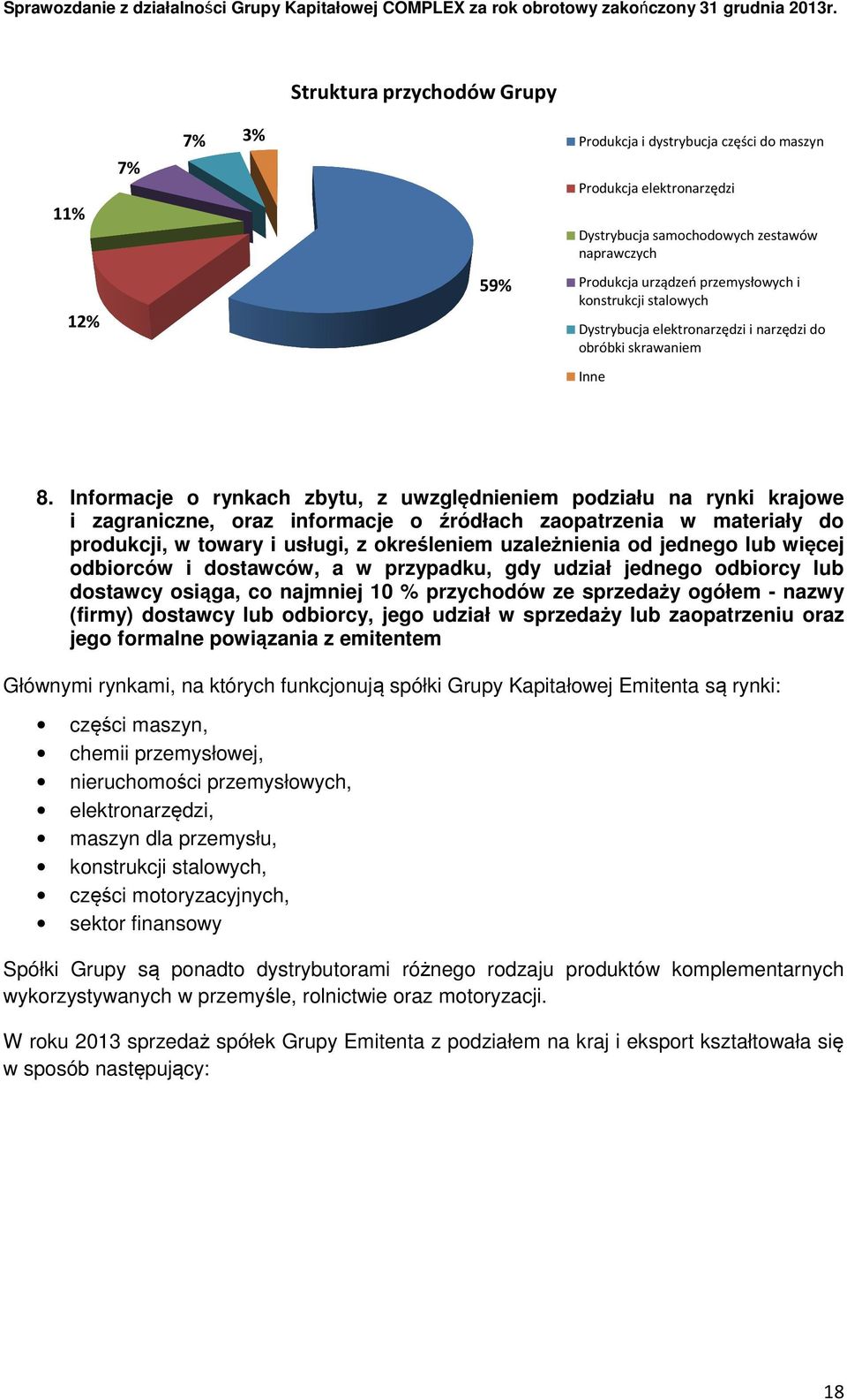 Informacje o rynkach zbytu, z uwzględnieniem podziału na rynki krajowe i zagraniczne, oraz informacje o źródłach zaopatrzenia w materiały do produkcji, w towary i usługi, z określeniem uzależnienia