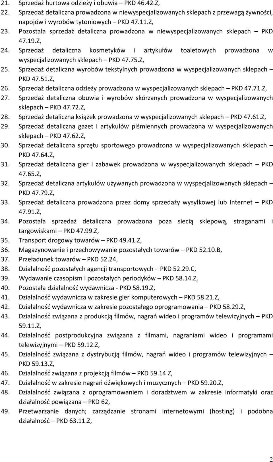 Z, 25. Sprzedaż detaliczna wyrobów tekstylnych prowadzona w wyspecjalizowanych sklepach PKD 47.51.Z, 26. Sprzedaż detaliczna odzieży prowadzona w wyspecjalizowanych sklepach PKD 47.71.Z, 27.