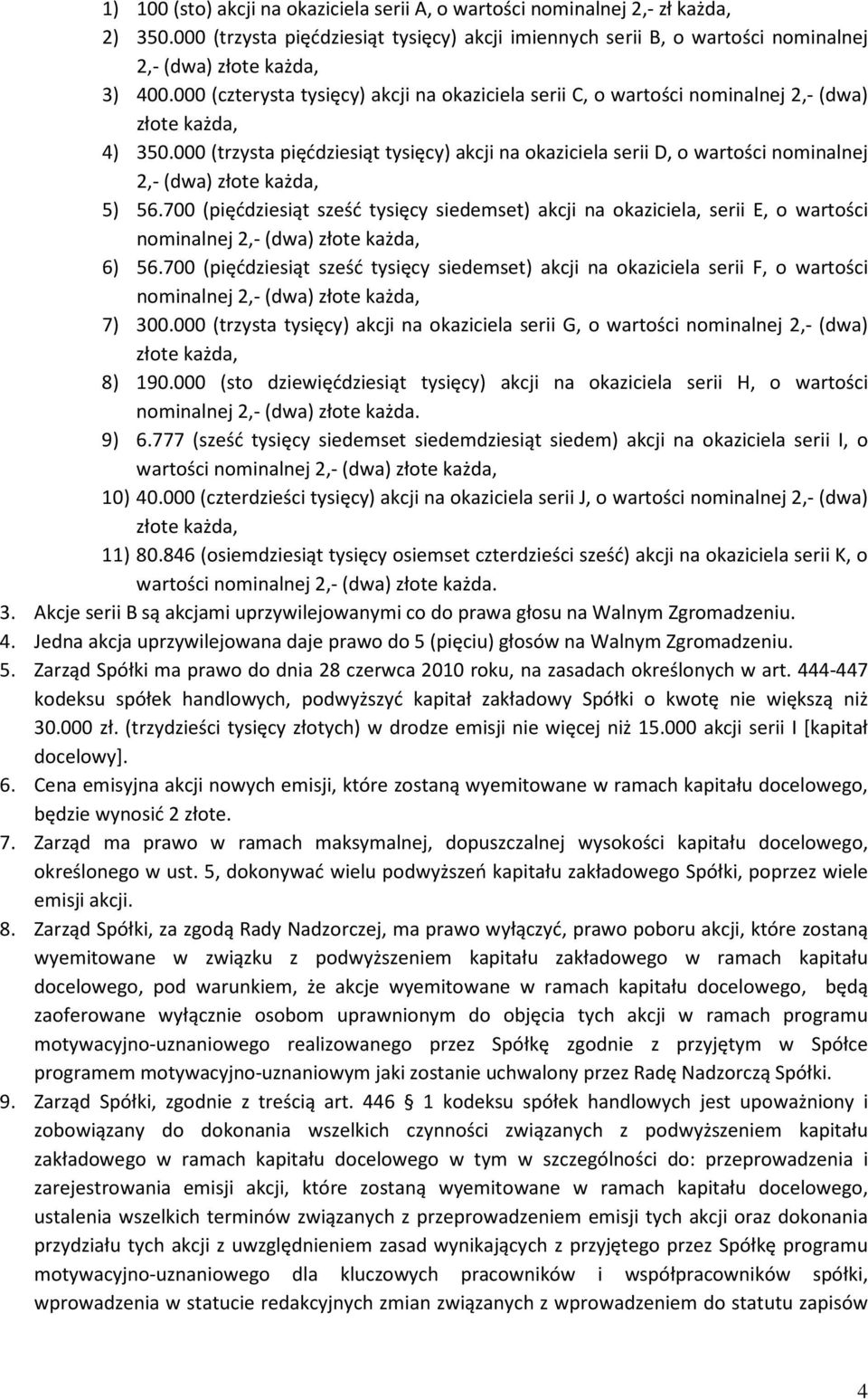 000 (trzysta pięćdziesiąt tysięcy) akcji na okaziciela serii D, o wartości nominalnej 2,- (dwa) złote każda, 5) 56.