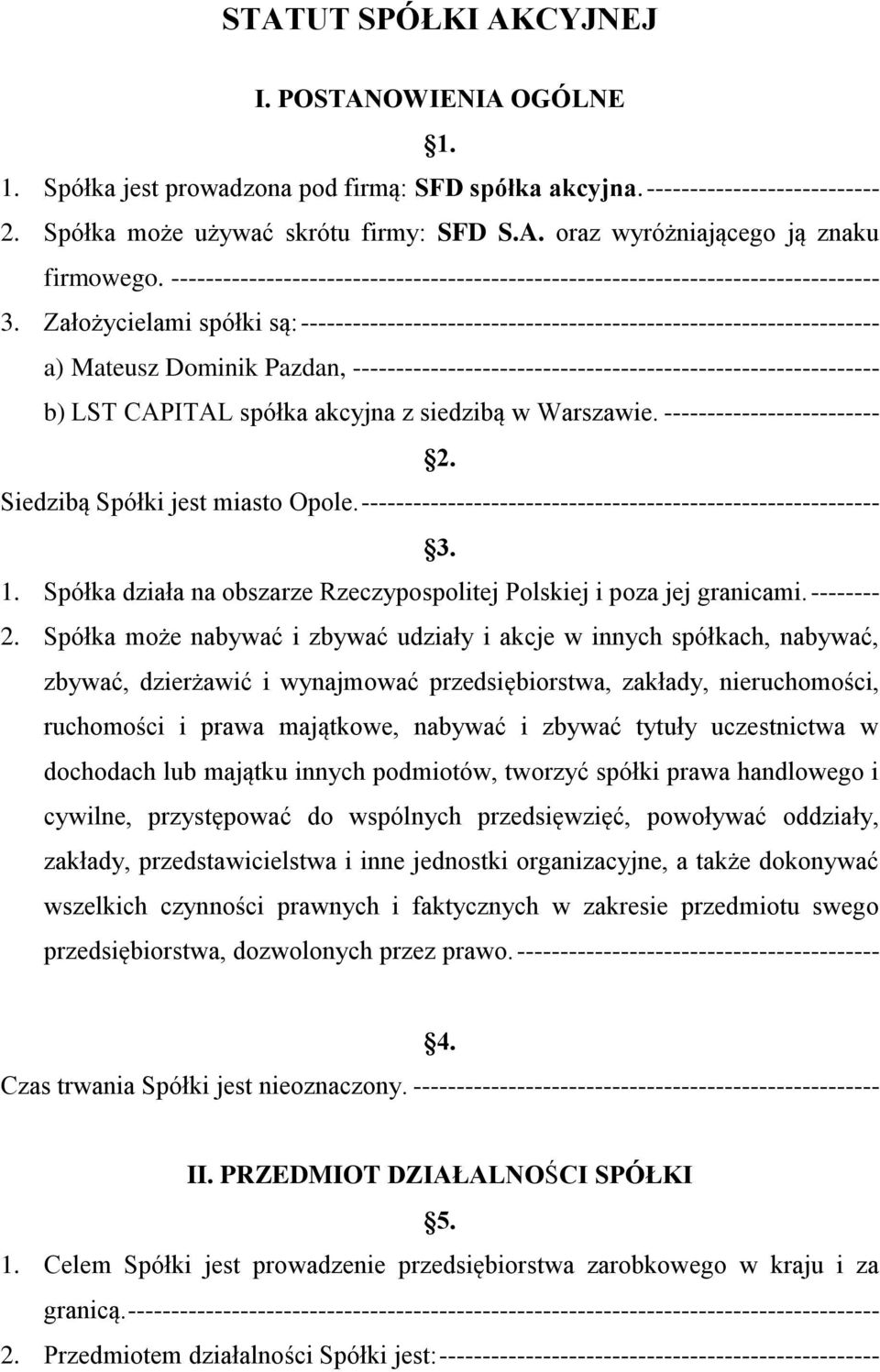 Założycielami spółki są: ------------------------------------------------------------------- a) Mateusz Dominik Pazdan, ------------------------------------------------------------- b) LST CAPITAL