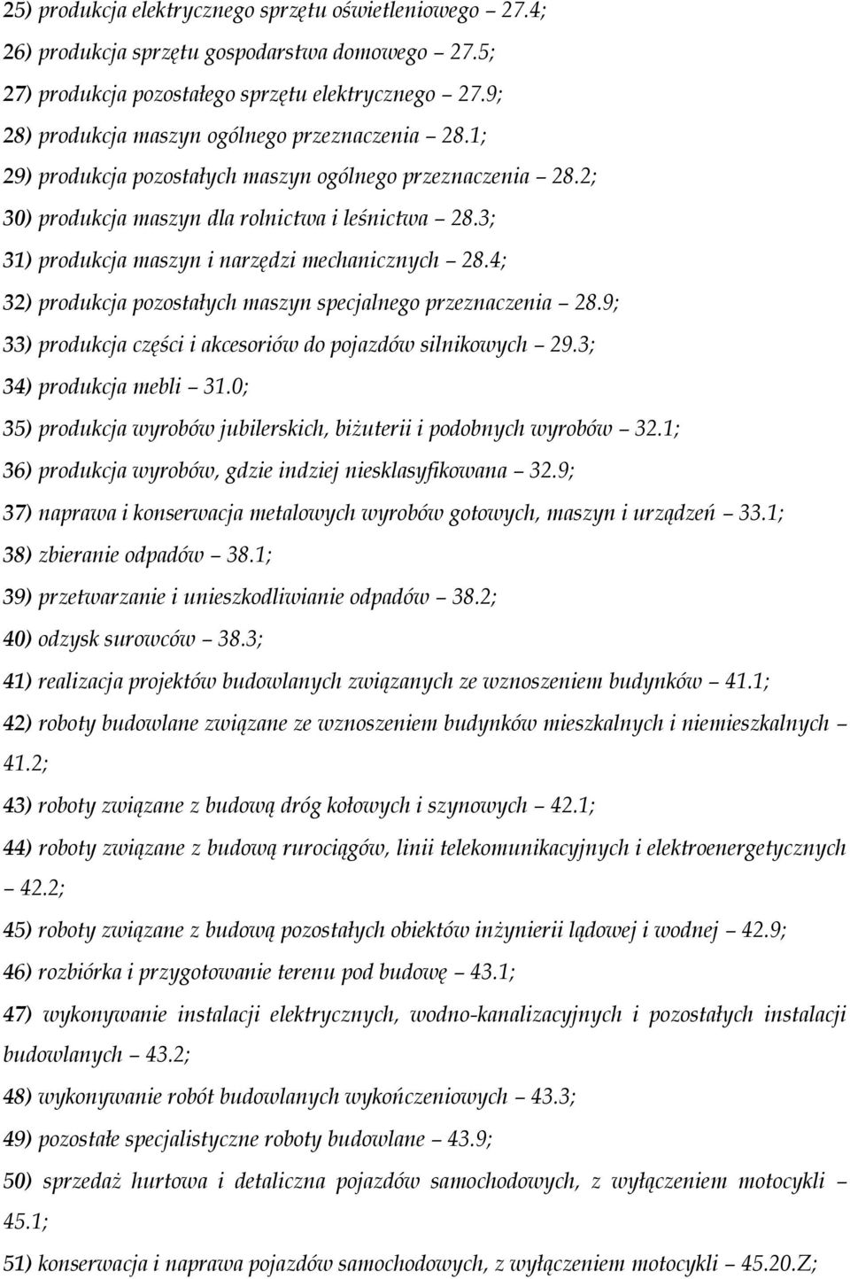 3; 31) produkcja maszyn i narzędzi mechanicznych 28.4; 32) produkcja pozostałych maszyn specjalnego przeznaczenia 28.9; 33) produkcja części i akcesoriów do pojazdów silnikowych 29.