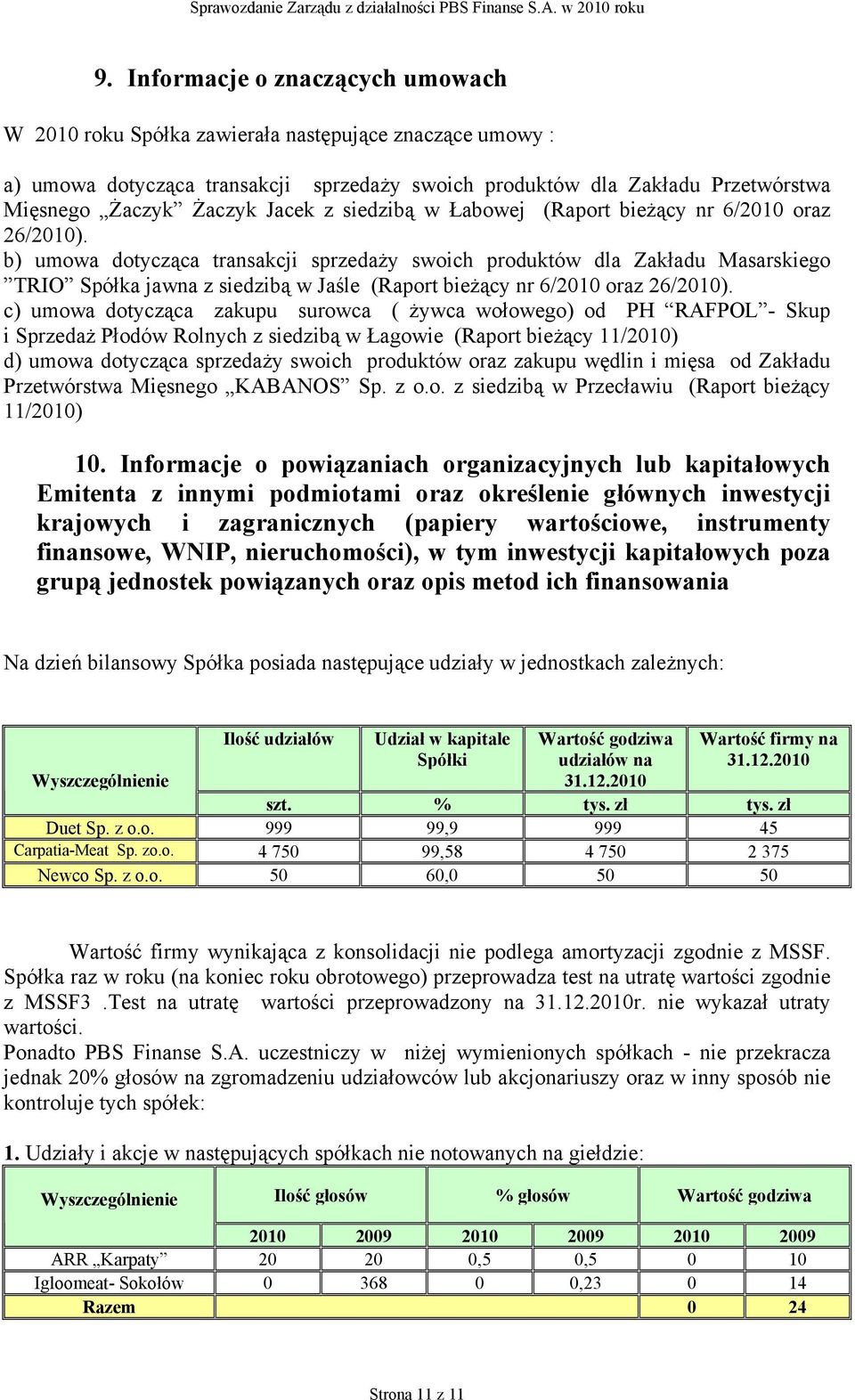 b) umowa dotycząca transakcji sprzedaży swoich produktów dla Zakładu Masarskiego TRIO Spółka jawna z siedzibą w Jaśle (Raport bieżący nr 6/2010 oraz 26/2010).