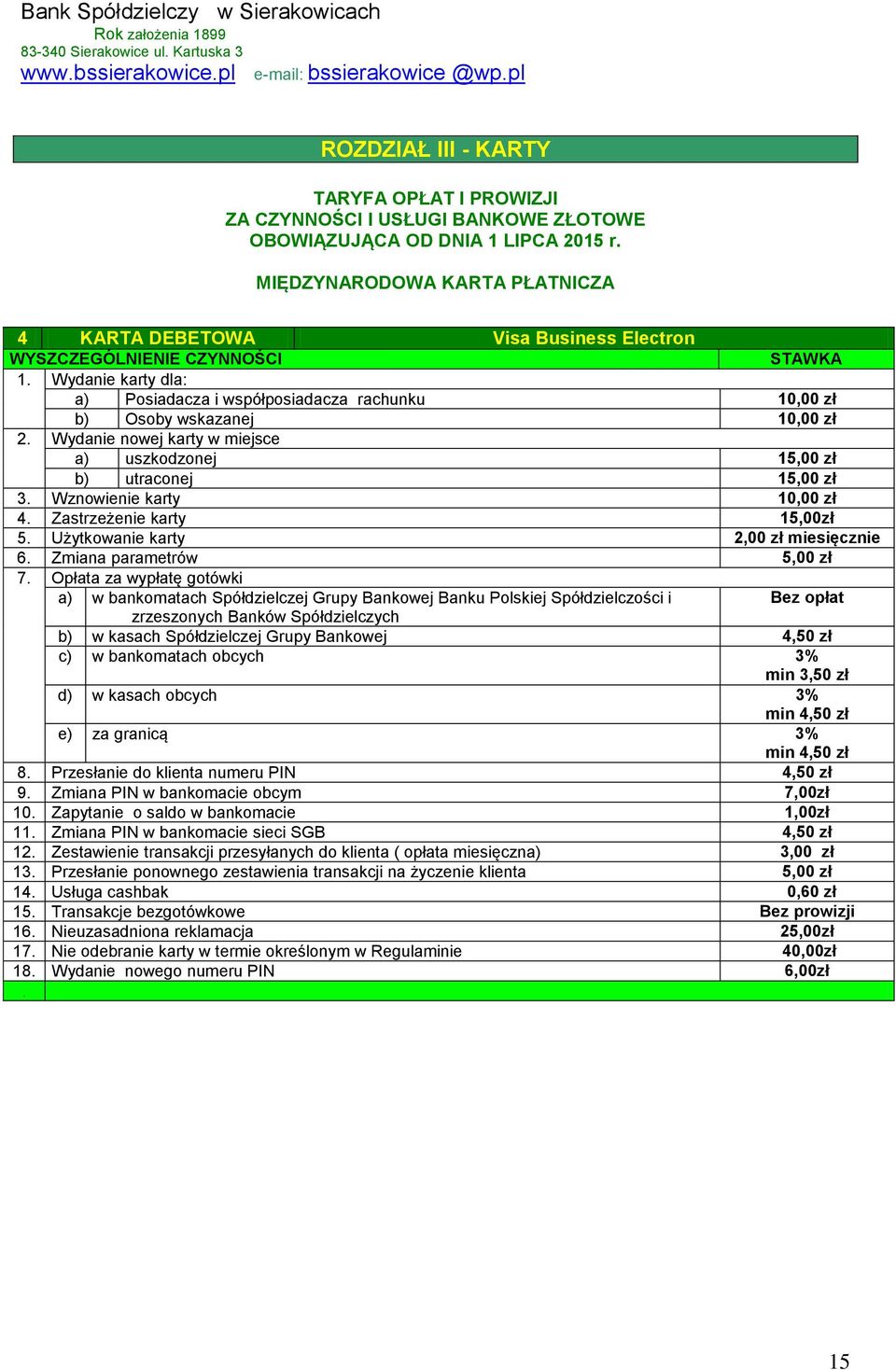 Wznowienie karty 10,00 zł 4. Zastrzeżenie karty 15,00zł 5. Użytkowanie karty 2,00 zł miesięcznie 6. Zmiana parametrów 5,00 zł 7.