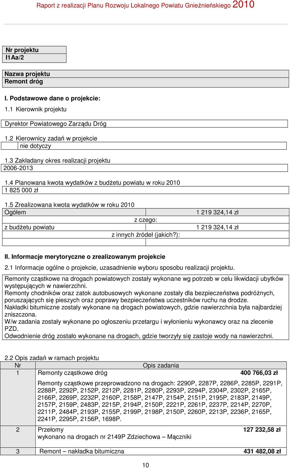 5 Zrealizowana kwota wydatków w roku 2010 Ogółem z czego: z budżetu powiatu z innych źródeł (jakich?): 1 219 324,14 zł 1 219 324,14 zł II. Informacje merytoryczne o zrealizowanym projekcie 2.