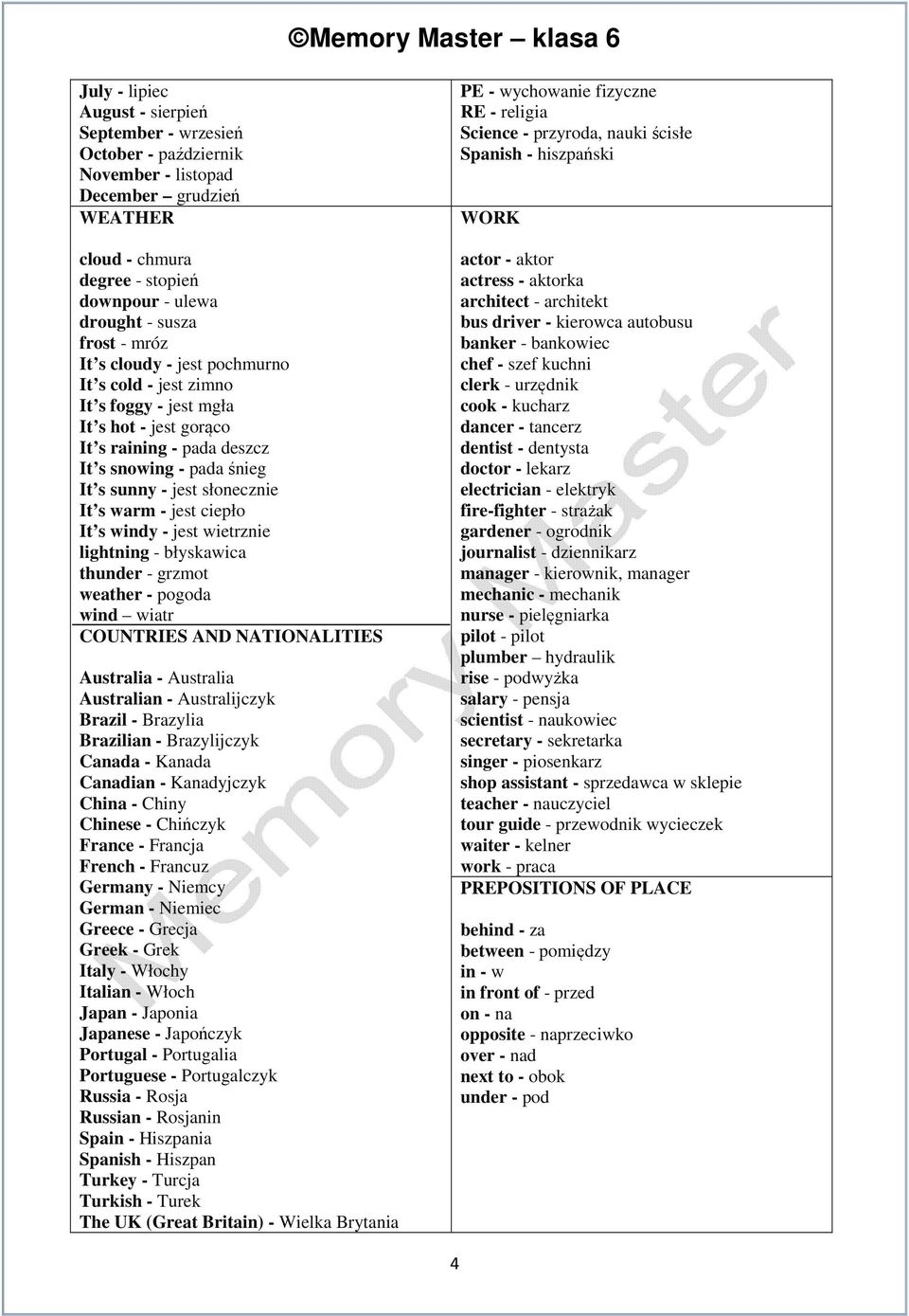 ciepło It s windy - jest wietrznie lightning - błyskawica thunder - grzmot weather - pogoda wind wiatr COUNTRIES AND NATIONALITIES Australia - Australia Australian - Australijczyk Brazil - Brazylia