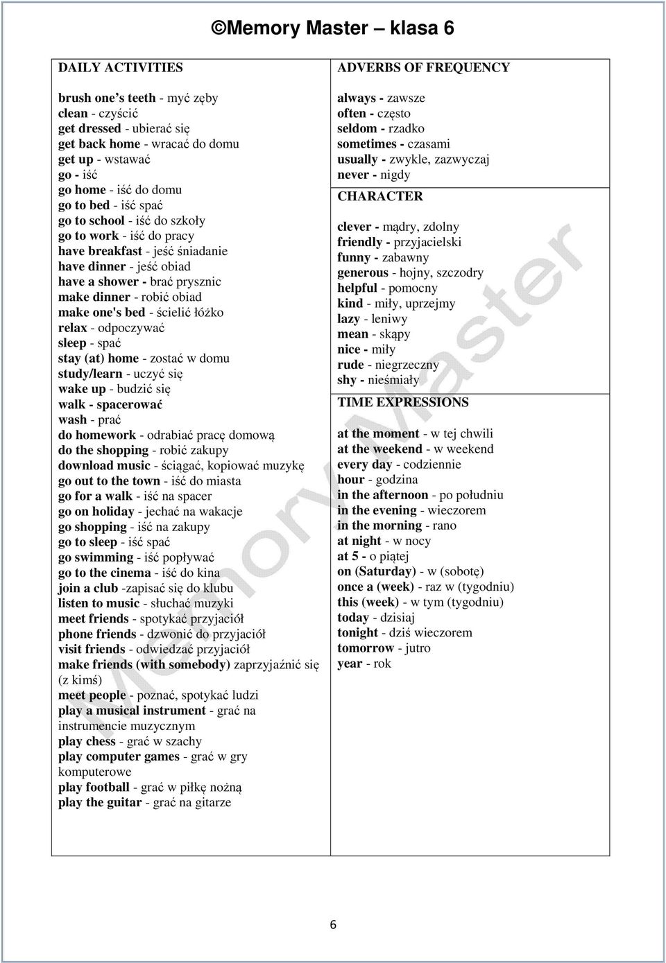 - odpoczywać sleep - spać stay (at) home - zostać w domu study/learn - uczyć się wake up - budzić się walk - spacerować wash - prać do homework - odrabiać pracę domową do the shopping - robić zakupy