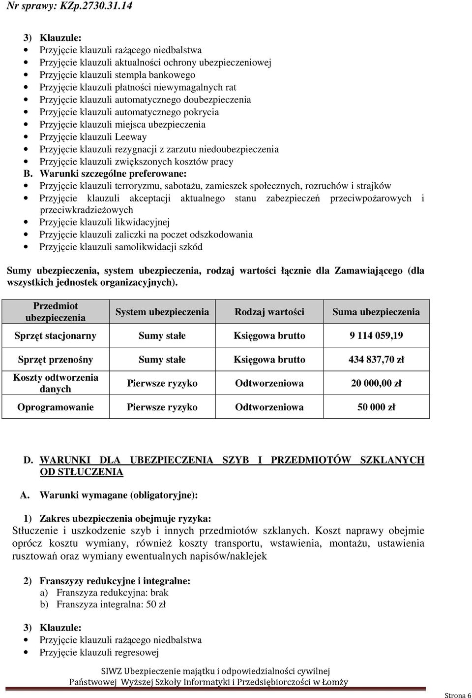 Warunki szczególne preferowane: Przyjęcie klauzuli terroryzmu, sabotażu, zamieszek społecznych, rozruchów i strajków Przyjęcie klauzuli akceptacji aktualnego stanu zabezpieczeń przeciwpożarowych i