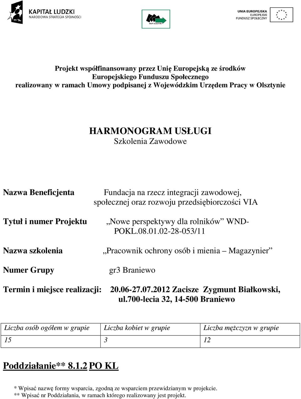 perspektywy dla rolników WND- POKL.0.01.02-2-053/11 Pracownik osób i mienia Magazynier gr3 Termin i miejsce realizacji: 20.06-27.07.