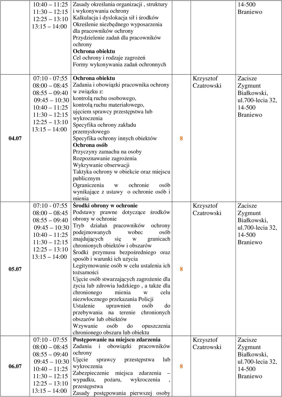 07 Ochrona obiektu Zadania i obowiązki pracownika w związku z: kontrolą ruchu osobowego, kontrolą ruchu materiałowego, ujęciem sprawcy przestępstwa lub wykroczenia Specyfika zakładu przemysłowego