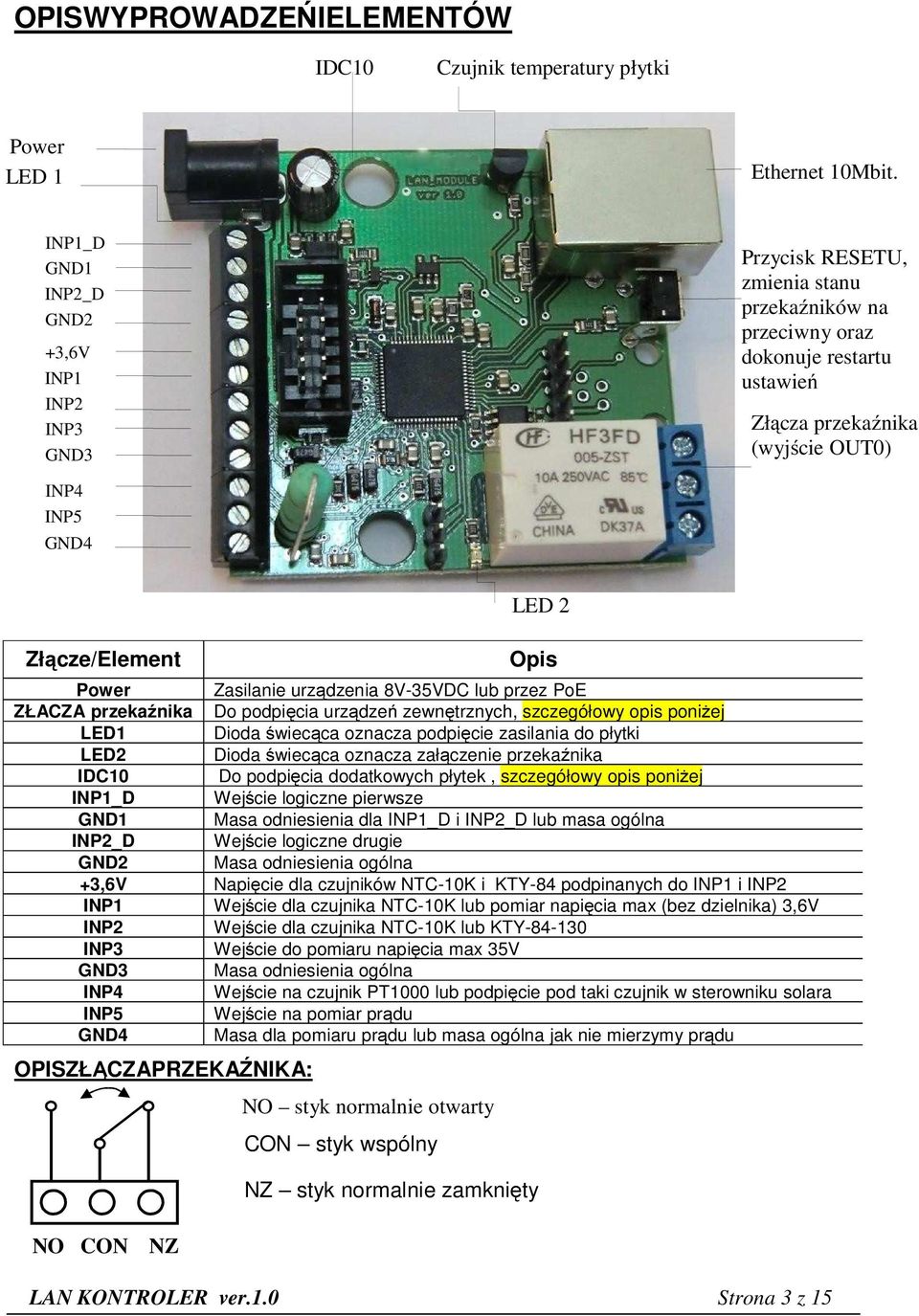 Złącze/Element Opis Power Zasilanie urządzenia 8V-35VDC lub przez PoE ZŁACZA przekaźnika Do podpięcia urządzeń zewnętrznych, szczegółowy opis poniżej LED1 Dioda świecąca oznacza podpięcie zasilania