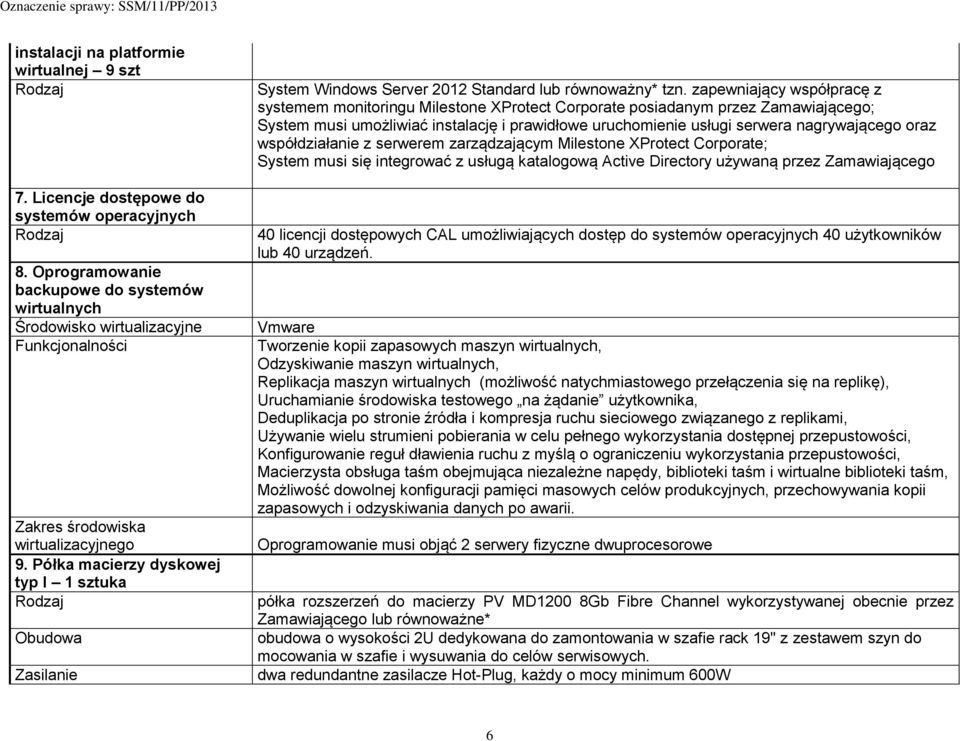 Półka macierzy dyskowej typ I 1 sztuka Rodzaj Obudowa Zasilanie System Windows Server 2012 Standard lub równoważny* tzn.