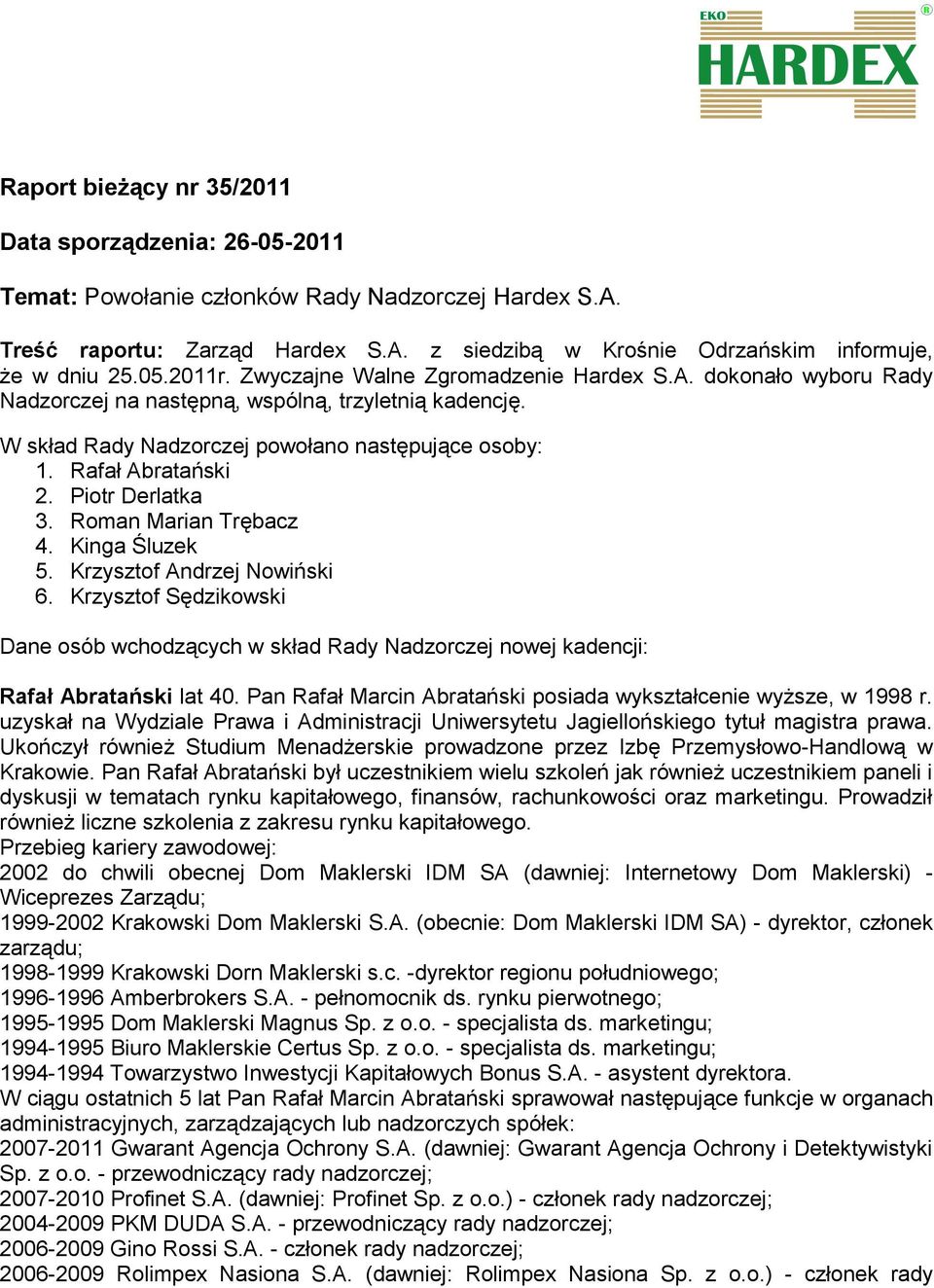 Piotr Derlatka 3. Roman Marian Trębacz 4. Kinga Śluzek 5. Krzysztof Andrzej Nowiński 6. Krzysztof Sędzikowski Dane osób wchodzących w skład Rady Nadzorczej nowej kadencji: Rafał Abratański lat 40.