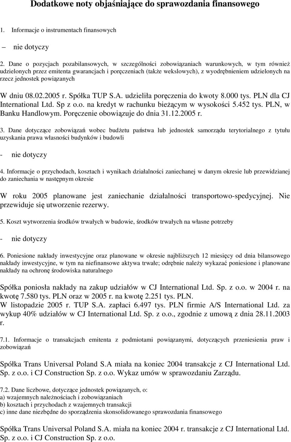 rzecz jednostek powiązanych W dniu 08.02.2005 r. Spółka TUP S.A. udzieliła poręczenia do kwoty 8.000 tys. PLN dla CJ International Ltd. Sp z o.o. na kredyt w rachunku bieŝącym w wysokości 5.452 tys.