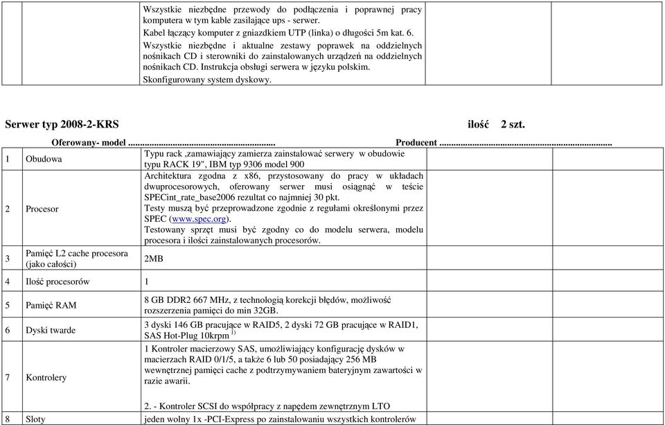 Skonfigurowany system dyskowy. Serwer typ 2008-2-KRS ilość 2 szt. Oferowany- model... Producent.