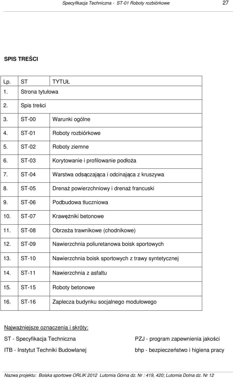 ST-07 Krawężniki betonowe 11. ST-08 Obrzeża trawnikowe (chodnikowe) 12. ST-09 Nawierzchnia poliuretanowa boisk sportowych 13. ST-10 Nawierzchnia boisk sportowych z trawy syntetycznej 14.