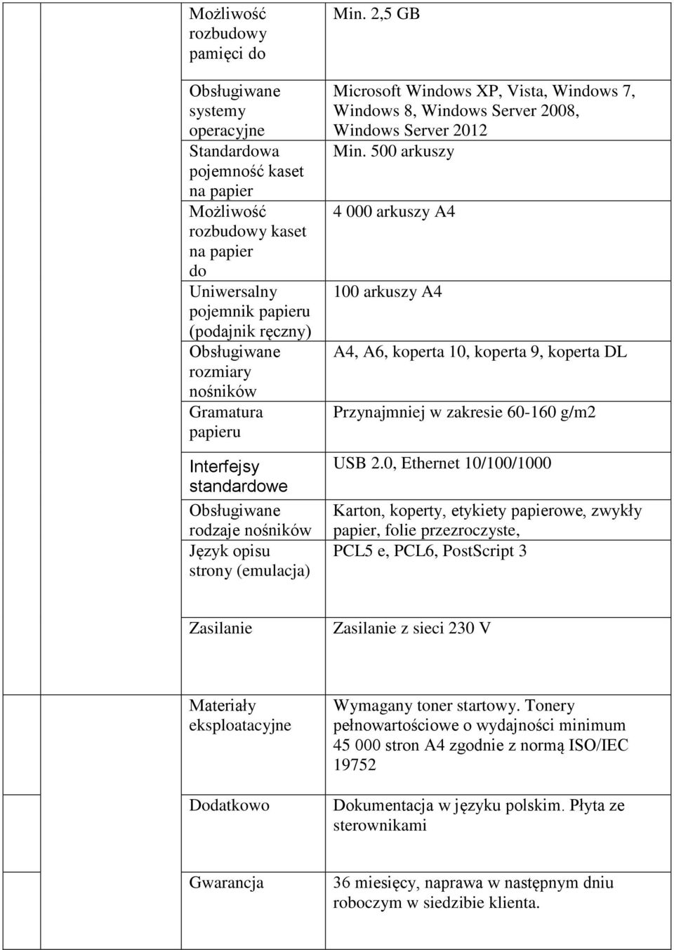 500 arkuszy 4 000 arkuszy A4 100 arkuszy A4 A4, A6, koperta 10, koperta 9, koperta DL Przynajmniej w zakresie 60-160 g/m2 USB 2.