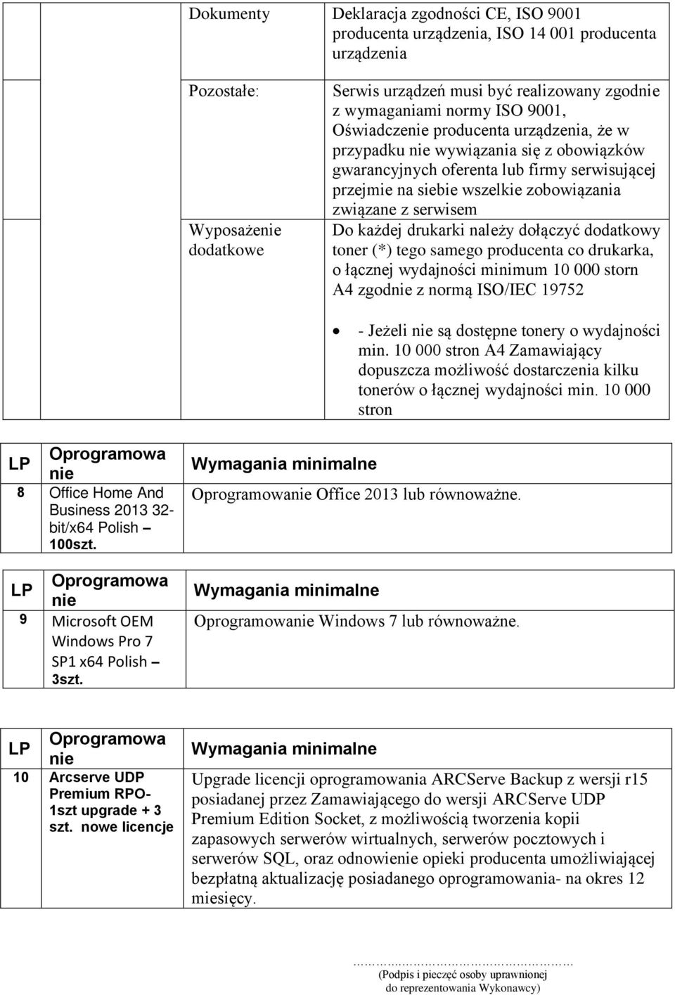 Do każdej drukarki należy dołączyć dodatkowy toner (*) tego samego producenta co drukarka, o łącznej wydajności minimum 10 000 storn A4 zgodnie z normą ISO/IEC 19752 - Jeżeli nie są dostępne tonery o