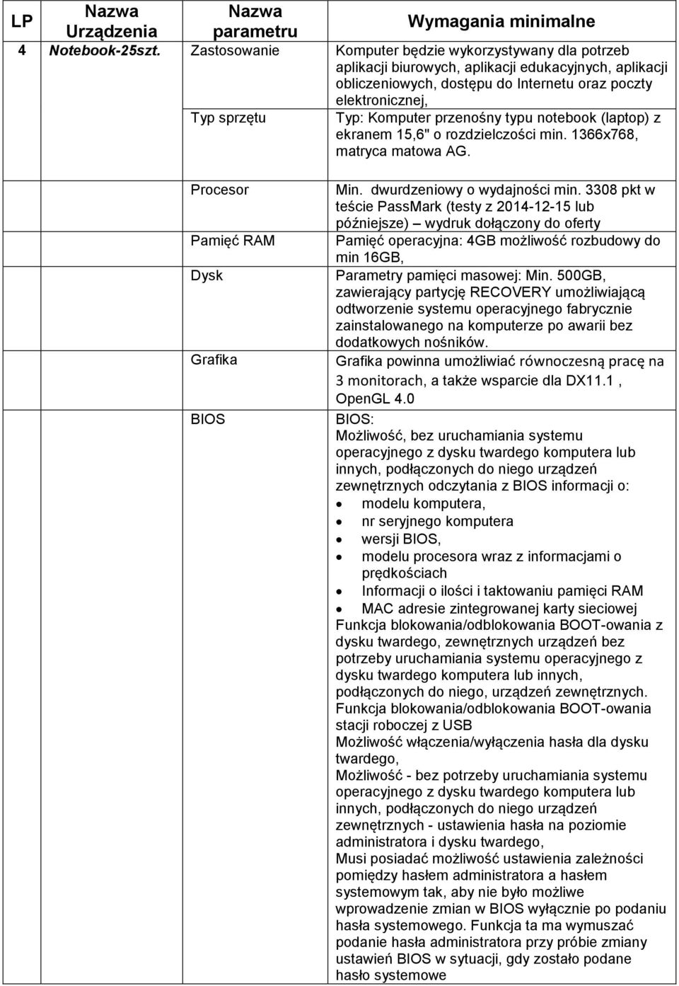 Komputer przenośny typu notebook (laptop) z ekranem 15,6" o rozdzielczości min. 1366x768, matryca matowa AG. Procesor Pamięć RAM Dysk Grafika BIOS Min. dwurdzeniowy o wydajności min.