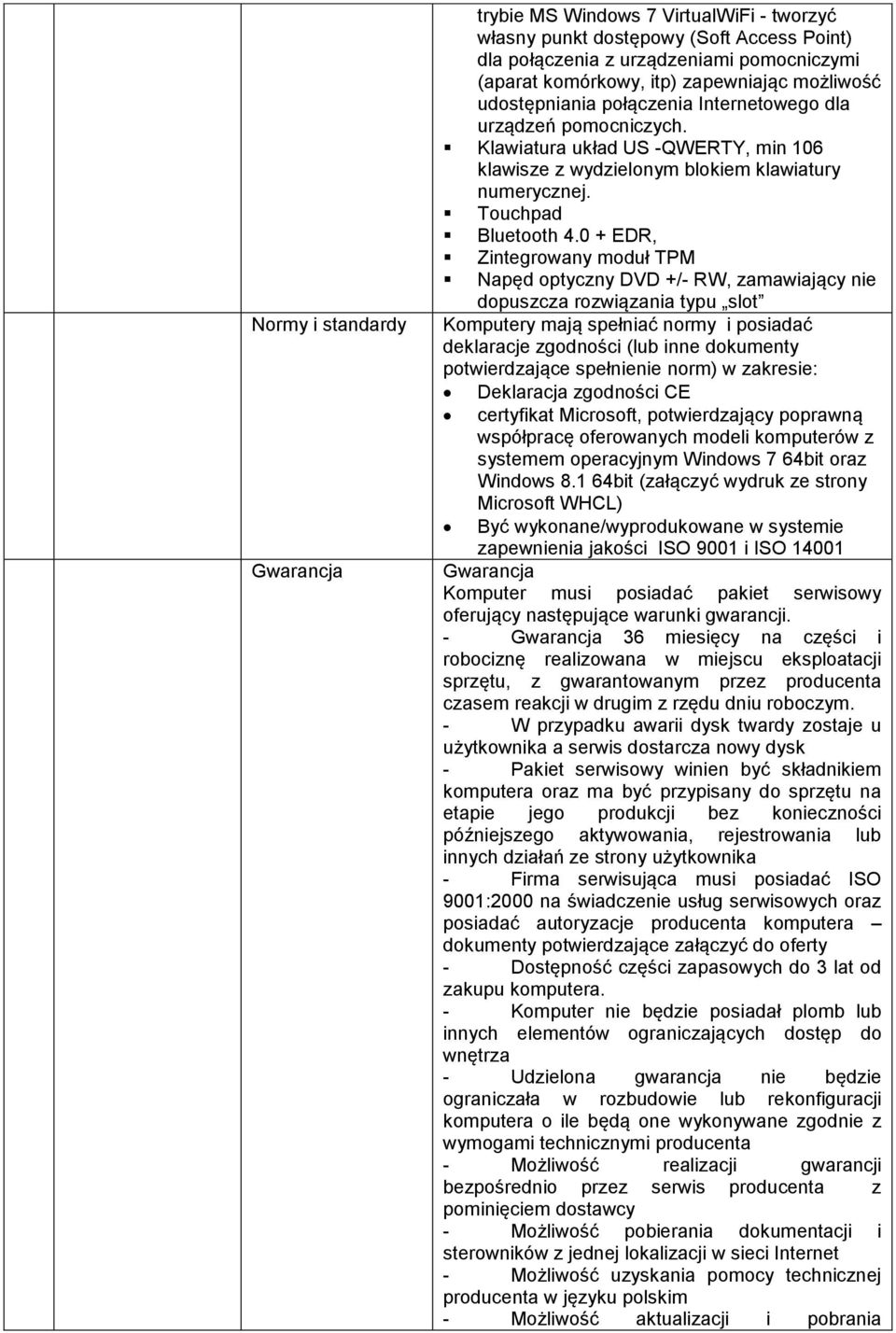 0 + EDR, Zintegrowany moduł TPM Napęd optyczny DVD +/- RW, zamawiający nie dopuszcza rozwiązania typu slot Komputery mają spełniać normy i posiadać deklaracje zgodności (lub inne dokumenty