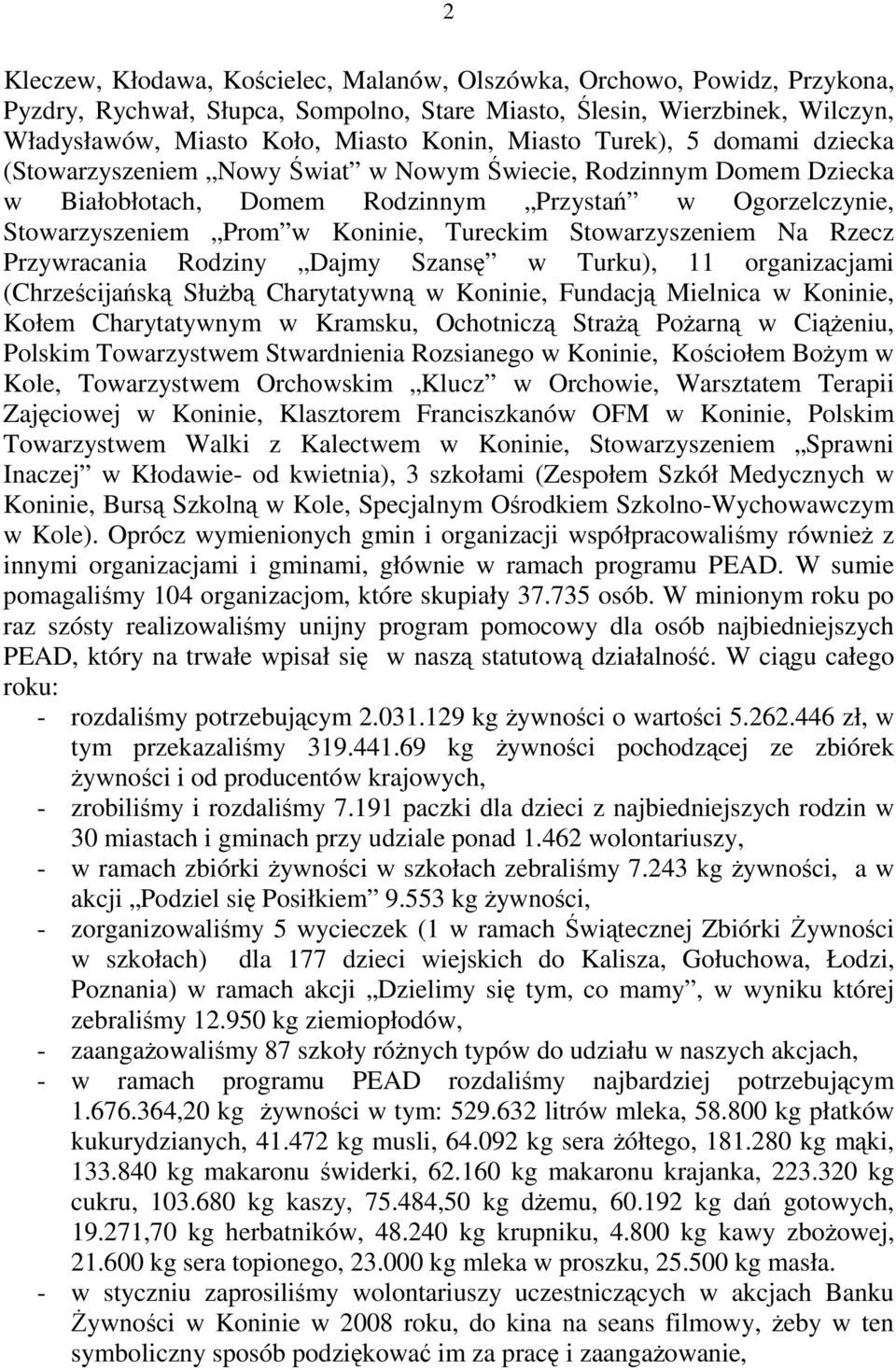 Stowarzyszeniem Na Rzecz Przywracania Rodziny Dajmy Szansę w Turku), 11 organizacjami (Chrześcijańską Służbą Charytatywną w Koninie, Fundacją Mielnica w Koninie, Kołem Charytatywnym w Kramsku,