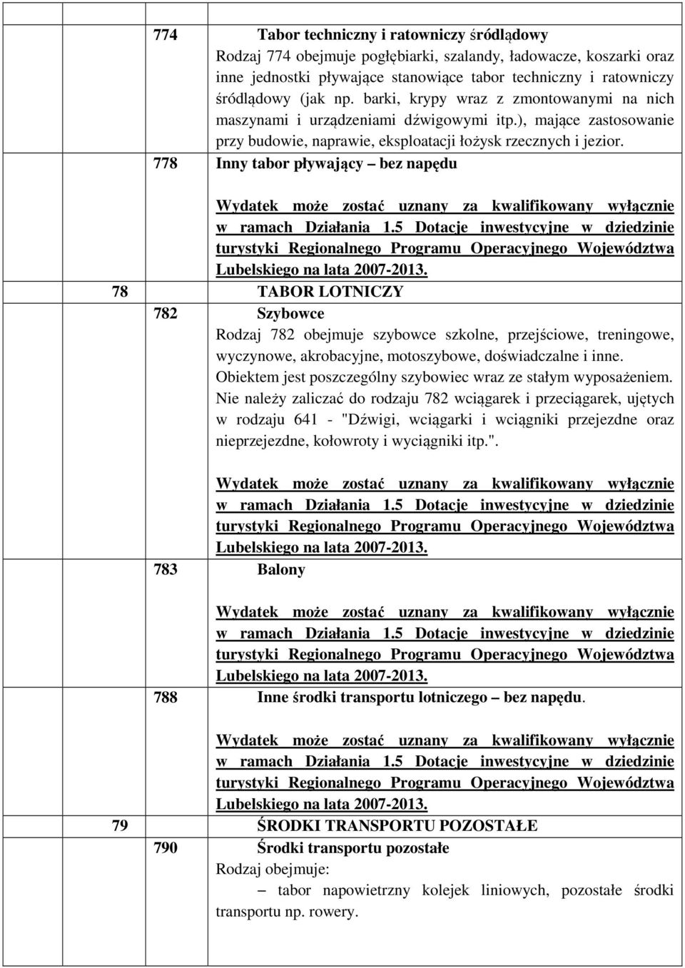 778 Inny tabor pływający bez napędu Wydatek może zostać uznany za kwalifikowany wyłącznie w ramach Działania 1.