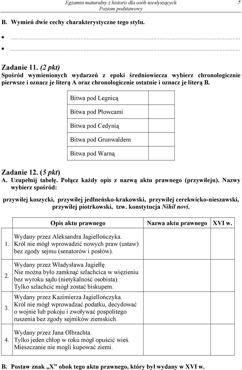 Bitwa pod Legnicą Bitwa pod Płowcami Bitwa pod Cedynią Bitwa pod Grunwaldem Bitwa pod Warną Zadanie 12. (5 pkt) A. Uzupełnij tabelę. Połącz każdy opis z nazwą aktu prawnego (przywileju).