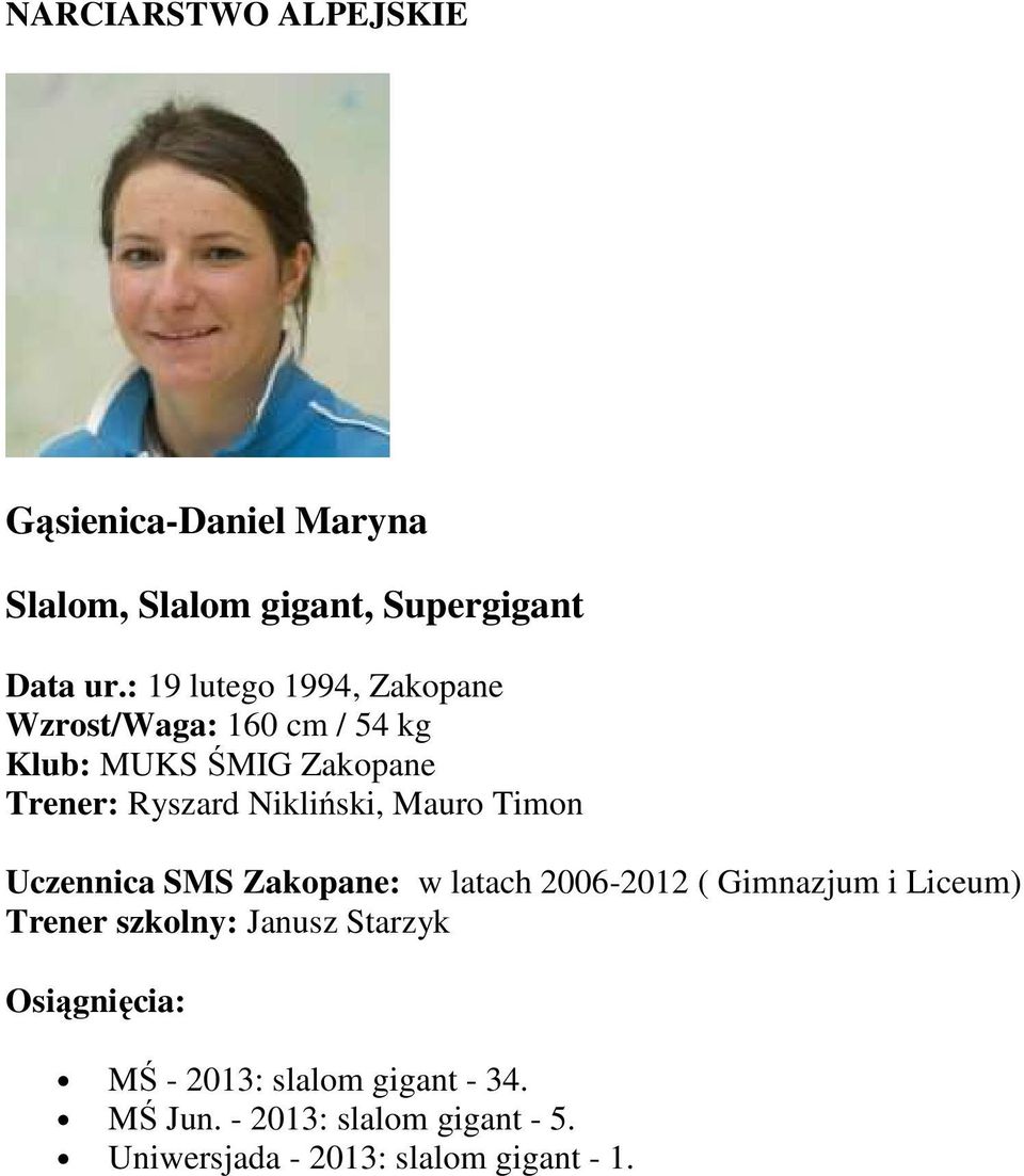 Nikliński, Mauro Timon Uczennica SMS Zakopane: w latach 2006-2012 ( Gimnazjum i Liceum) Trener