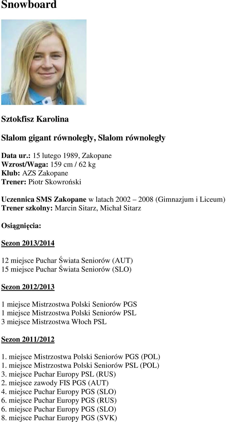 Sitarz Sezon 2013/2014 12 miejsce Puchar Świata Seniorów (AUT) 15 miejsce Puchar Świata Seniorów (SLO) Sezon 2012/2013 1 miejsce Mistrzostwa Polski Seniorów PGS 1 miejsce Mistrzostwa Polski Seniorów