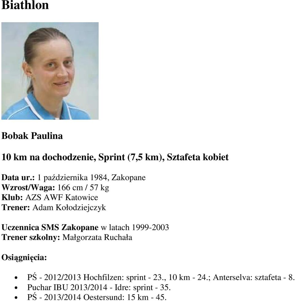 Kołodziejczyk Uczennica SMS Zakopane w latach 1999-2003 Trener szkolny: Małgorzata Ruchała PŚ - 2012/2013