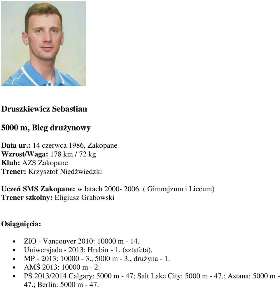 latach 2000-2006 ( Gimnajzum i Liceum) Trener szkolny: Eligiusz Grabowski ZIO - Vancouver 2010: 10000 m - 14.