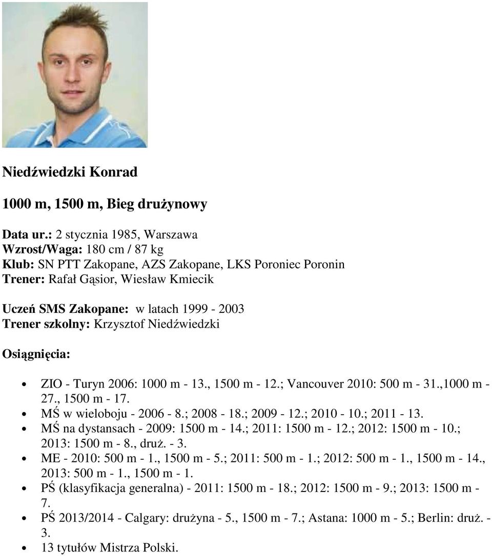 szkolny: Krzysztof Niedźwiedzki ZIO - Turyn 2006: 1000 m - 13., 1500 m - 12.; Vancouver 2010: 500 m - 31.,1000 m - 27., 1500 m - 17. MŚ w wieloboju - 2006-8.; 2008-18.; 2009-12.; 2010-10.; 2011-13.