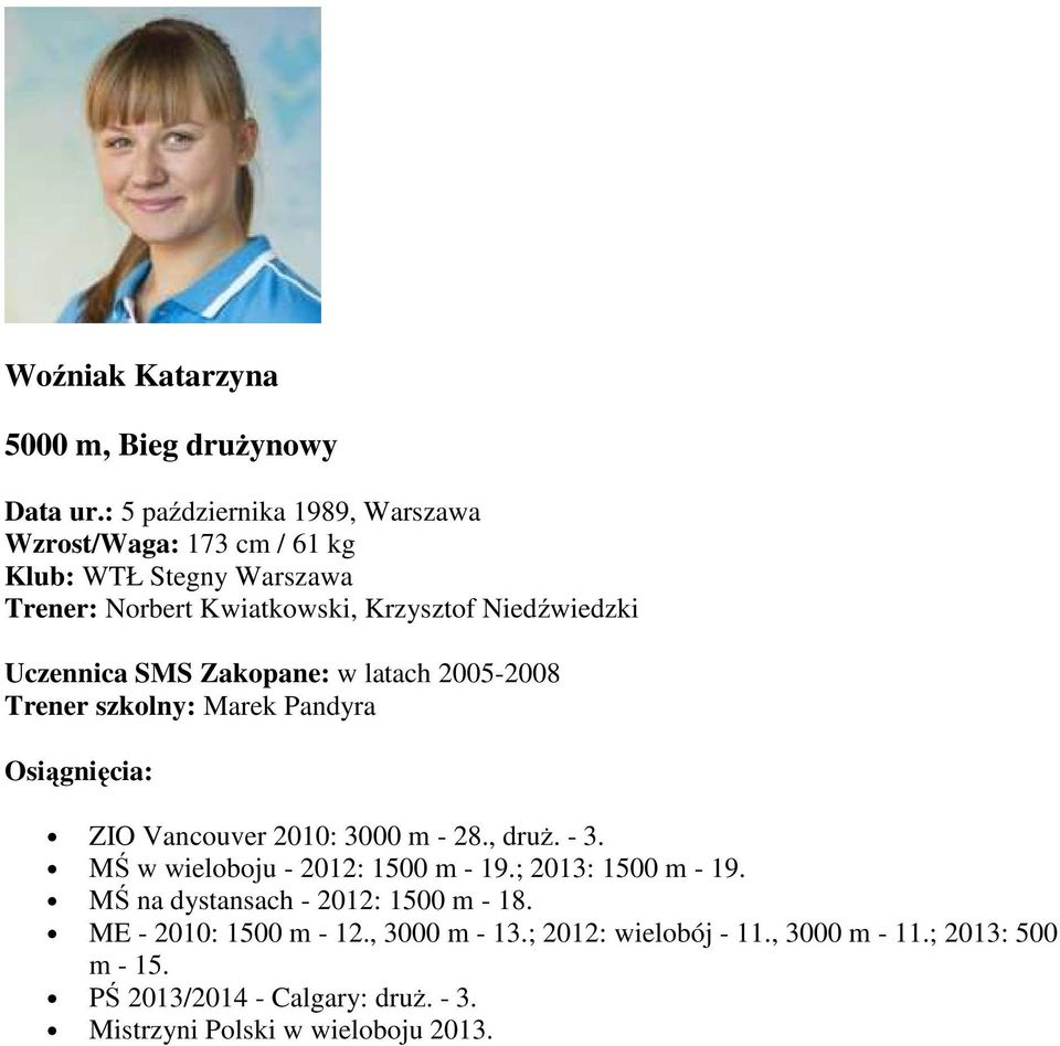 Uczennica SMS Zakopane: w latach 2005-2008 Trener szkolny: Marek Pandyra ZIO Vancouver 2010: 3000 m - 28., druż. - 3.