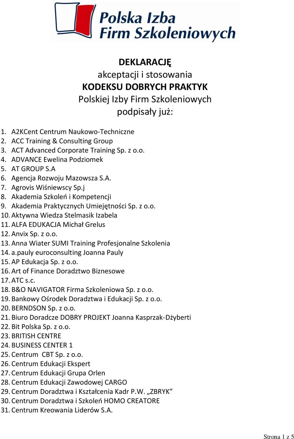 Akademia Praktycznych Umiejętności Sp. z o.o. 10. Aktywna Wiedza Stelmasik Izabela 11. ALFA EDUKACJA Michał Grelus 12. Anvix Sp. z o.o. 13. Anna Wiater SUMI Training Profesjonalne Szkolenia 14. a.