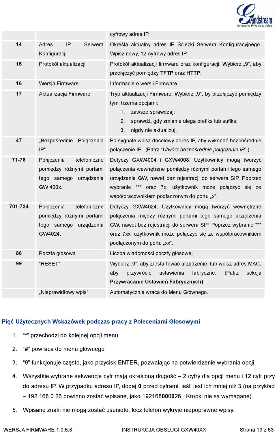 17 Aktualizacja Firmware Tryb aktualizacji Firmware. Wybierz 9, by przełączyć pomiędzy tymi trzema opcjami: 1. zawsze sprawdzaj; 2. sprawdź, gdy zmianie ulega prefiks lub sufiks; 3.